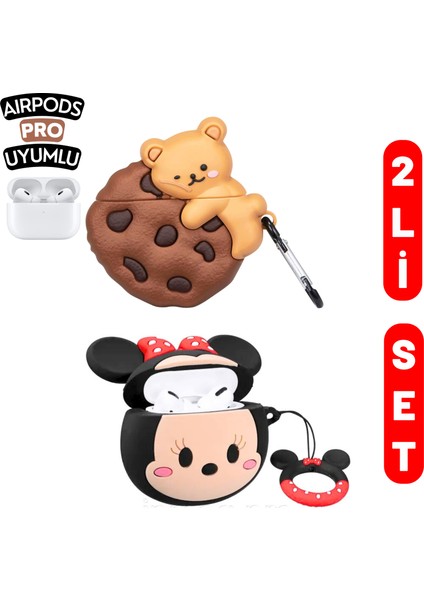 2'li Set - Pro Uyumlu Kurabiye ve Ayıcık ve Minnie Mouse Figürlü Ikili Kulaklık Kılıfı Seti