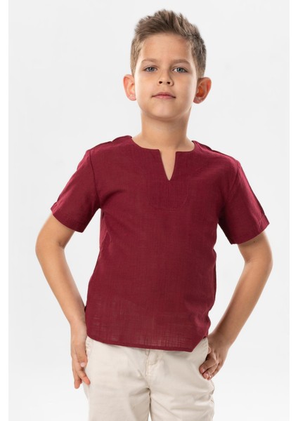 Kısa Kol Şile Bezi Bisiklet Yaka Yazlık Erkek Çocuk Tshirt Koyu Bordo 3068