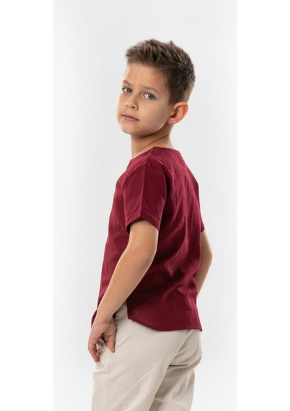 Kısa Kol Şile Bezi Bisiklet Yaka Yazlık Erkek Çocuk Tshirt Koyu Bordo 3068
