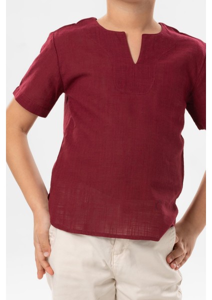 Kısa Kol Şile Bezi Bisiklet Yaka Yazlık Erkek Çocuk Tshirt Koyu Bordo 3068