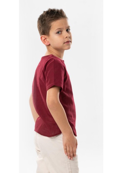 Kısa Kol Şile Bezi Bisiklet Yaka Yazlık Erkek Çocuk Tshirt Koyu Bordo 3068