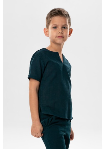 Kısa Kol Şile Bezi Bisiklet Yaka Yazlık Erkek Çocuk Tshirt Koyu Petrol 3069