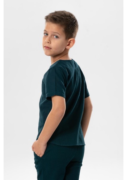 Kısa Kol Şile Bezi Bisiklet Yaka Yazlık Erkek Çocuk Tshirt Koyu Petrol 3069