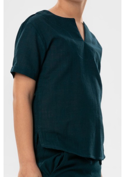 Kısa Kol Şile Bezi Bisiklet Yaka Yazlık Erkek Çocuk Tshirt Koyu Petrol 3069