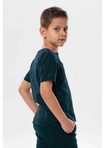 Kısa Kol Şile Bezi Bisiklet Yaka Yazlık Erkek Çocuk Tshirt Koyu Petrol 3069