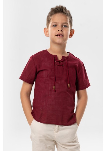 Kısa Kol Şile Bezi Zımbalı Yazlık Erkek Çocuk Tshirt Koyu Bordo 3068