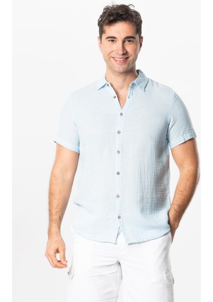 Kısa Kol Erkek Yazlık Müslin Gömlek Buz Mavi Bmv