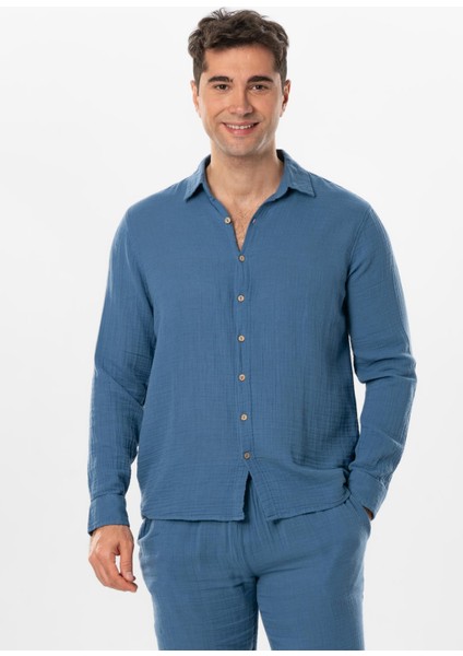 Uzun Kol Müslin Yazlık Erkek Gömlek Indigo Indg