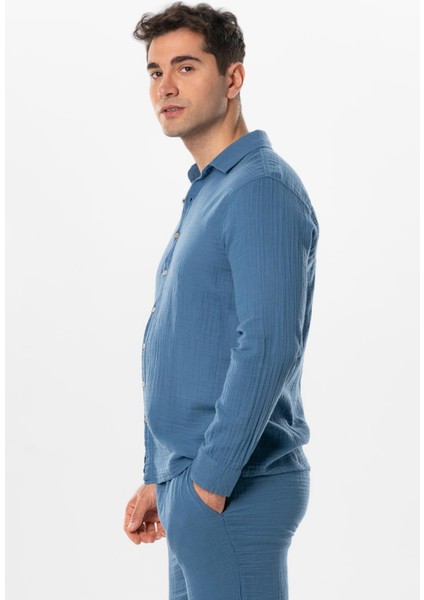 Uzun Kol Müslin Yazlık Erkek Gömlek Indigo Indg fırsatları