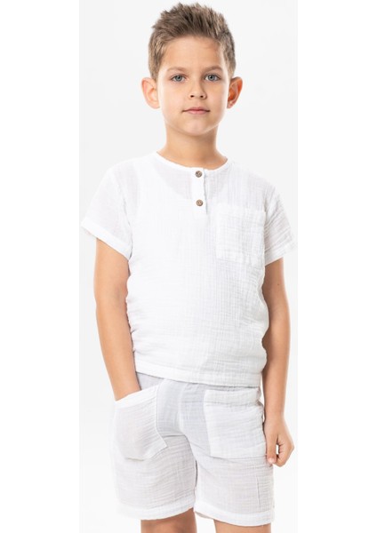 Kısa Kol Batı Cep Detaylı Yazlık Müslin Erkek Çocuk Tshirt Beyaz Byz