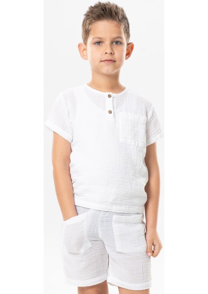 Kısa Kol Batı Cep Detaylı Yazlık Müslin Erkek Çocuk Tshirt Beyaz Byz