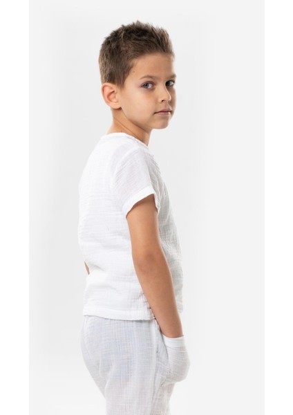 Kısa Kol Batı Cep Detaylı Yazlık Müslin Erkek Çocuk Tshirt Beyaz Byz