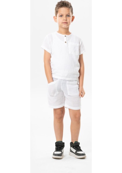 Kısa Kol Batı Cep Detaylı Yazlık Müslin Erkek Çocuk Tshirt Beyaz Byz