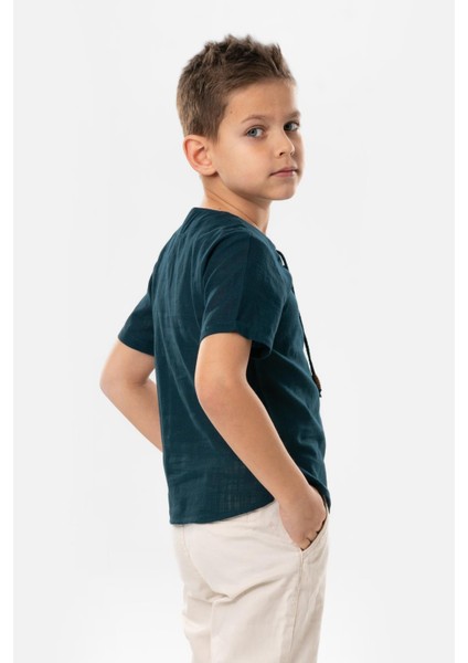 Kısa Kol Şile Bezi Zımbalı Yazlık Erkek Çocuk Tshirt Koyu Petrol 3069
