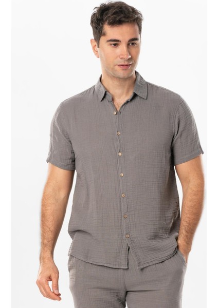 Kısa Kol Erkek Yazlık Müslin Gömlek Gri Gri