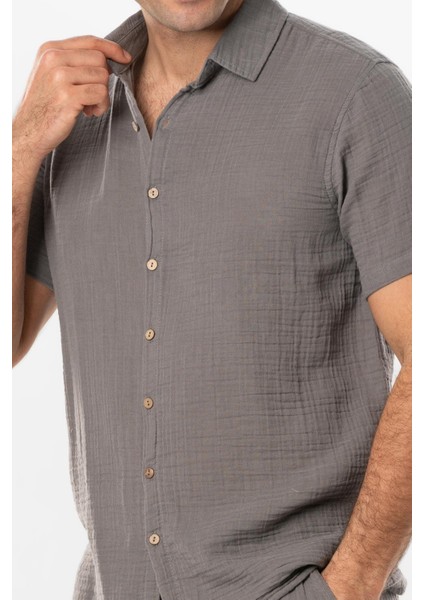 Kısa Kol Erkek Yazlık Müslin Gömlek Gri Gri modelleri