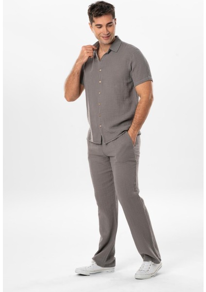 Kısa Kol Erkek Yazlık Müslin Gömlek Gri Gri fırsatları