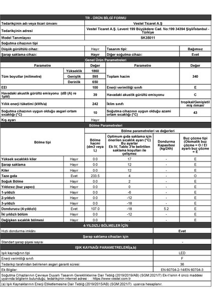 SK35011 340 Lt E Enerji Sınıfı Statik Buzdolabı