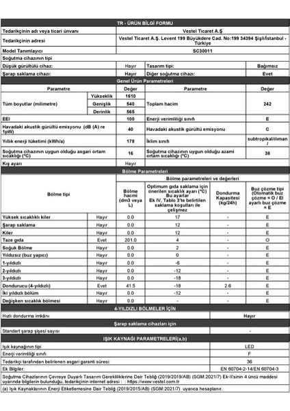 SC30011 242 Lt E Enerji Sınıfı  Statik Buzdolabı