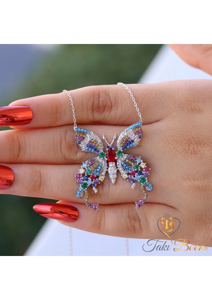 Renkli Taşlı Kelebek Gümüş Kolye