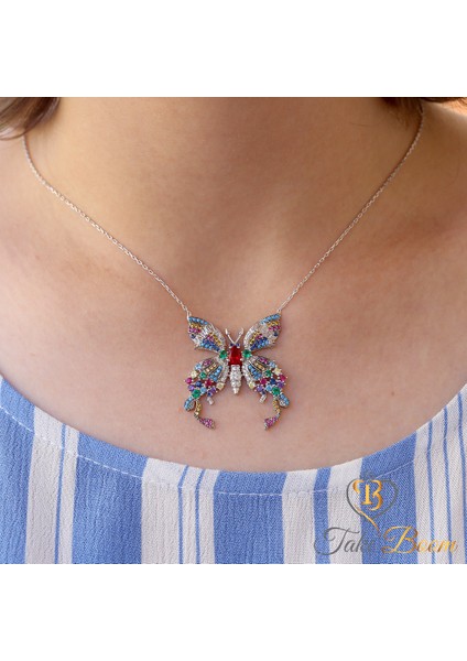 Renkli Taşlı Kelebek Gümüş Kolye fiyatları