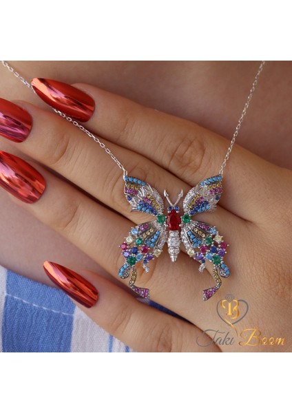 Renkli Taşlı Kelebek Gümüş Kolye modelleri