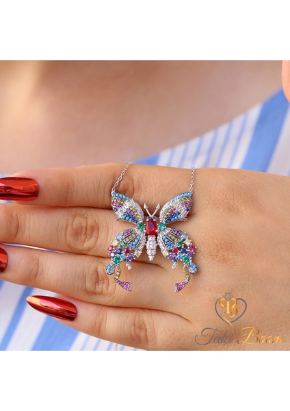 Renkli Taşlı Kelebek Gümüş Kolye fırsatları