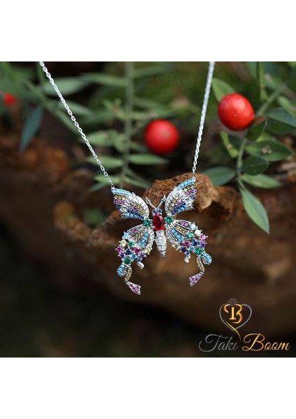Renkli Taşlı Kelebek Gümüş Kolye indirimleri