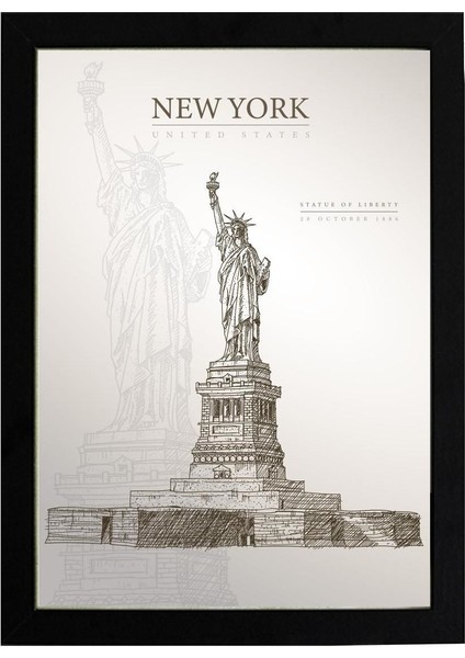 Statue Of Liberty, New York Poster Tablo 30 x 42 cm - Siyah Çerçeveli