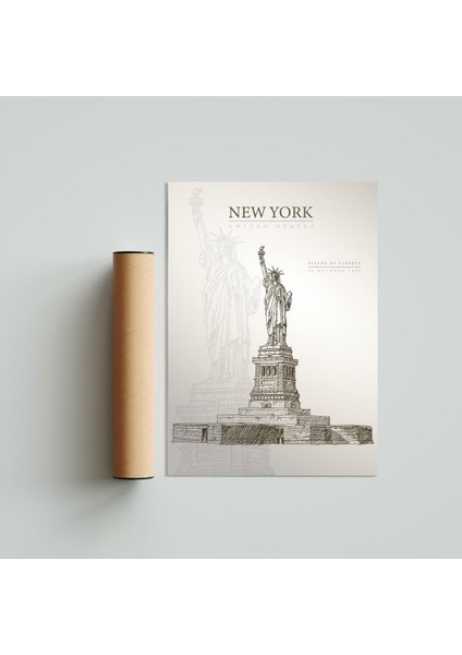 Statue Of Liberty, New York Poster Tablo 30 x 42 cm - Siyah Çerçeveli