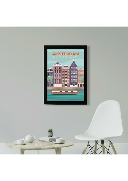 Amsterdam, Hollanda Poster Tablo 21 x 30 cm - Beyaz Çerçeveli