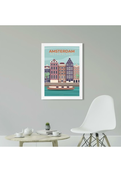 Amsterdam, Hollanda Poster Tablo 21 x 30 cm - Beyaz Çerçeveli