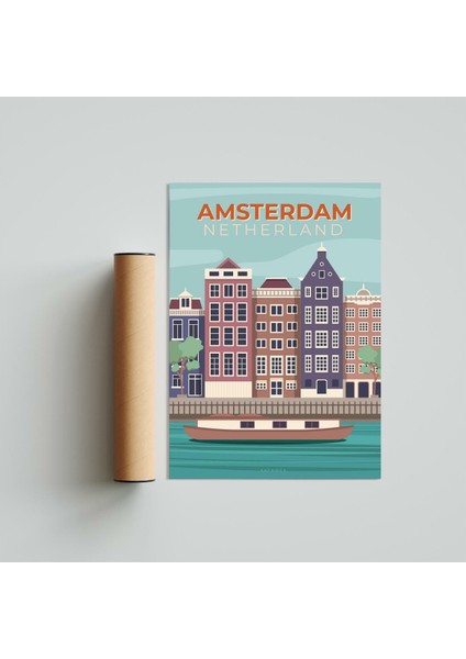 Amsterdam, Hollanda Poster Tablo 21 x 30 cm - Beyaz Çerçeveli