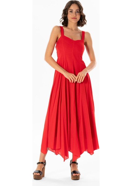 Askılı Vual Emel Uzun Yazlık Elbise Kırmızı Krmz