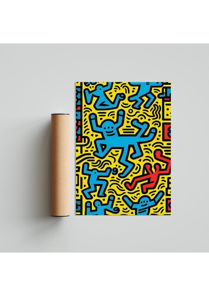 Keith Haring Style Minimal D23 Poster Tablo 21 x 30 cm - Beyaz Çerçeveli