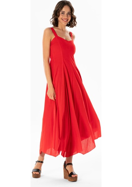 Askılı Vual Emel Uzun Yazlık Elbise Kırmızı Krmz fırsatları