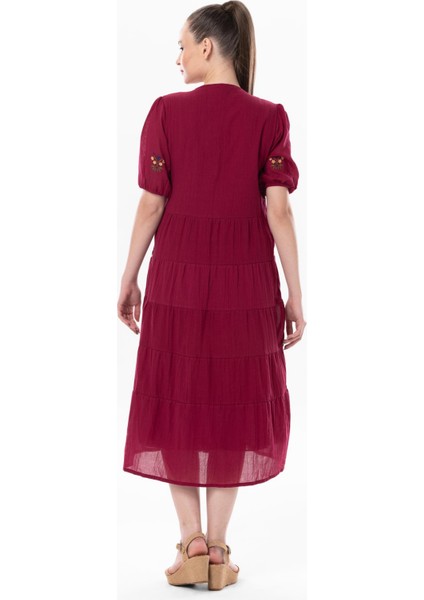 Kısa Kol Vual Nakışlı V Yaka Reyhan Uzun Yazlık Otantik Elbise Bordo Brd fiyatları
