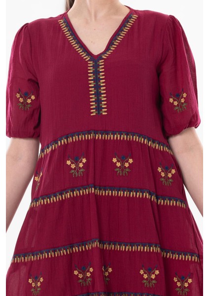 Kısa Kol Vual Nakışlı V Yaka Reyhan Uzun Yazlık Otantik Elbise Bordo Brd modelleri