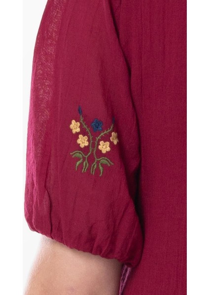 Kısa Kol Vual Nakışlı V Yaka Reyhan Uzun Yazlık Otantik Elbise Bordo Brd fırsatları