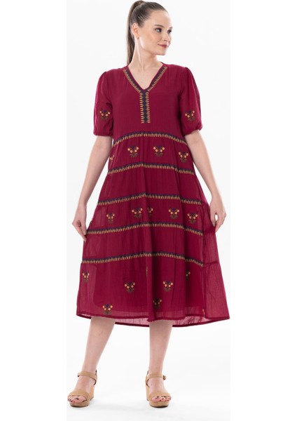 Kısa Kol Vual Nakışlı V Yaka Reyhan Uzun Yazlık Otantik Elbise Bordo Brd indirimleri