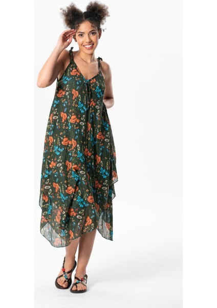 Askılı Vual Afrodit Midi Boy Yazlık Elbise Koyu Yeşil 6161