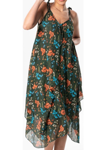 Askılı Vual Afrodit Midi Boy Yazlık Elbise Koyu Yeşil 6161 modelleri