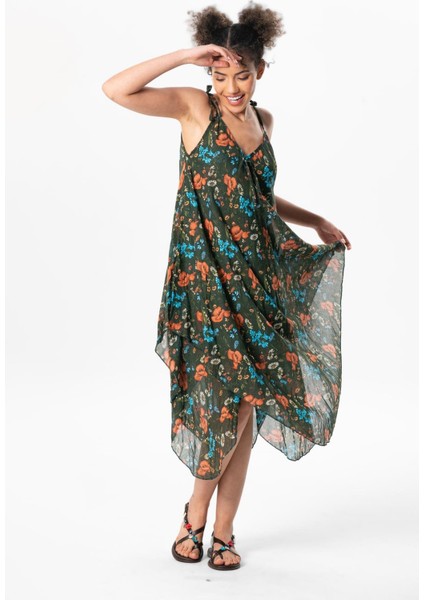 Askılı Vual Afrodit Midi Boy Yazlık Elbise Koyu Yeşil 6161 fırsatları