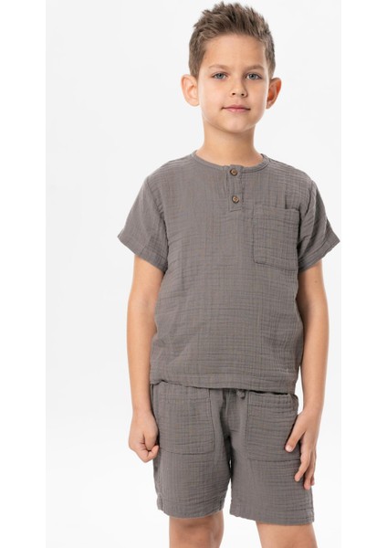 Kısa Kol Batı Cep Detaylı Yazlık Müslin Erkek Çocuk Tshirt Gri Gri