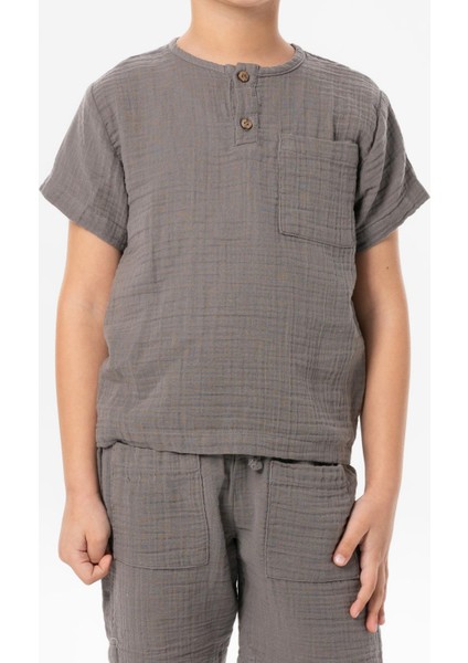 Kısa Kol Batı Cep Detaylı Yazlık Müslin Erkek Çocuk Tshirt Gri Gri modelleri