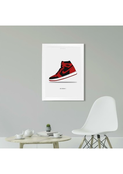 Air Jordan 1 Black - Red 21 x 30 cm  - Beyaz Çerçeveli