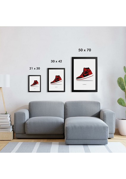 Air Jordan 1 Black - Red 21 x 30 cm  - Beyaz Çerçeveli