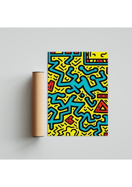 Keith Haring Style Minimal D22 Poster Tablo 21 x 30 cm - Beyaz Çerçeveli