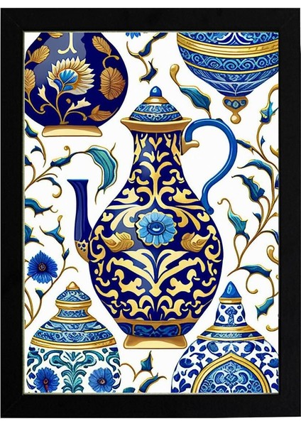 Çini Desen D12 Poster Tablo 21 x 30 cm - Siyah Çerçeveli