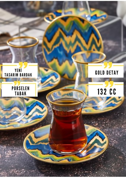 12 Parça Özel Tasarım Desenli Porselen Tabaklı Çay Bardağı